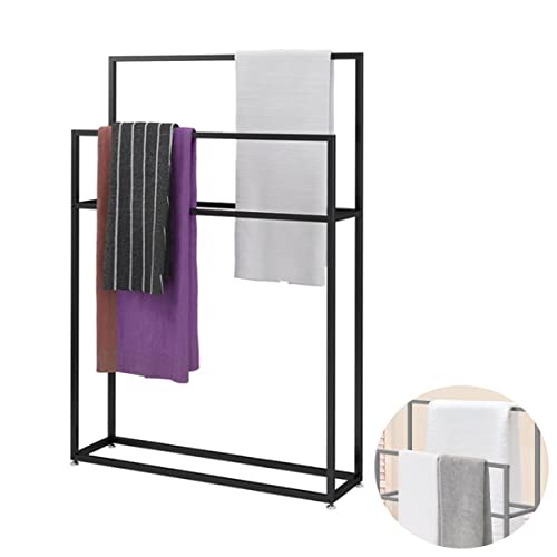 LJBOZ HandtuchstäNder 2 Stangen Schwarz Baden HandtuchstäNder Freistehend Metall Stehend, Badaccessoire und Kleiderbutler, für BadetüChern, Nachhaltig, Modern(Size:85×20×110cm)