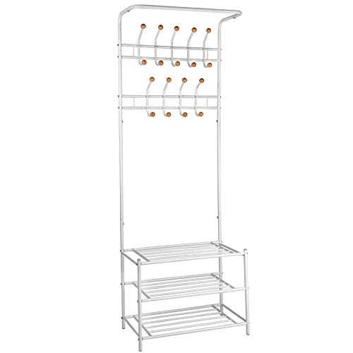 tectake Garderobenständer Kleiderständer Garderobe mit 3 Schuhablagen | 18 Gardarobenhaken | 66 x 187 x 33 cm (BxHxT) | -diverse Farben- (Weiß | no. 402489)