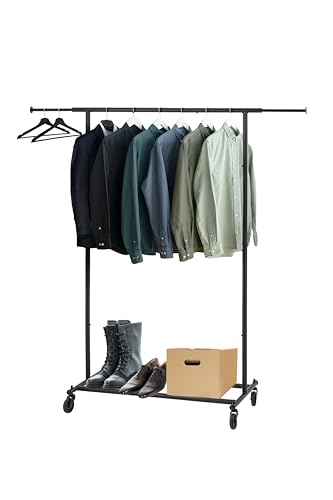 ikloo Robuster Kleiderständer, 59 kg Kapazität, rollbarer Kleiderständer mit ausziehbarer Stange und Bodenablage, stabiler Metall-Kleiderständer mit Rollen für vielseitigen Einsatz, Schwarz
