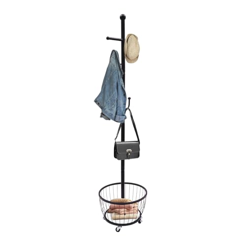 MINRS Garderobenständer Stabil und Robust Kleiderständer auf Rollen mit 6 Haken, Korbbodens Jackenständer Stehend für Flur Schlafzimmer Büro 40 x 40 x 168 cm - Schwarz