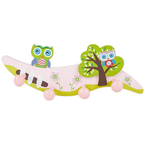 Bieco Garderobe Kinder Eule | Kindergarderobe Holz mit Kinder Kleiderhaken | Garderoben-Leiste | Wandgarderobe | Kleiderhaken Kinder Garderoben | Garderobenleiste Kinder 28 cm 4 Haken