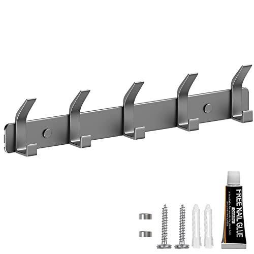 TENXSNUG Kleiderhaken Wand Garderobenleiste, Rostfrei Hakenleiste Garderobe Garderobenhaken Wandhaken mit 5 Haken, Wandgarderobe Gaderobenhakenleiste Jackenhalter für Küche, Bad und Schlafzimmer, Grau