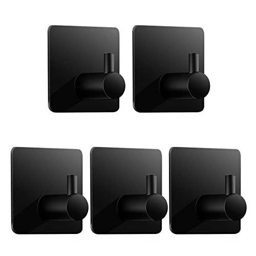 Klebehaken extra stark, 5 Stück Handtuchhalter ohne bohren Kleiderhaken Wand Haken Selbstklebend Garderobenhaken aus Edelstahl Ideal für Badezimmer deko Bad Garderobe Küche Toilette Büro, Schwarz