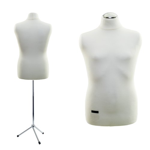 LUCCESI Schneiderpuppe | Damen/Herren | Größe/Size: von 34-36 bis 50-52 | männliche Büste L (50-52) | Bezug Creme-Weiss | Standfuss Chrom