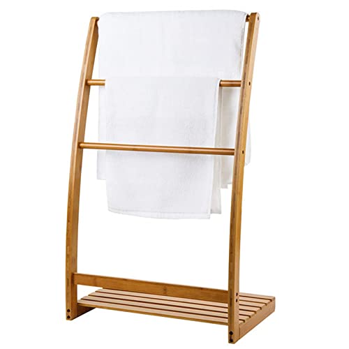 Doorhighpeak Freistehender Handtuchhalter 3-stufiger Bambus-Handtuchhalter, Badezimmer-Steppdeckenhalter, Handtuchständer mit unterem Ablagefach, Strandtuch- und Pool-Rack Deckenhalter