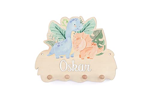 Personalisierte Kindergarderobe 'Saurier' aus Birkenholz mit vier Kleiderhaken. Garderobe für Kinder mit Wunschnamen, Motiv Dinosaurier, ca. 35 x 28,5 cm