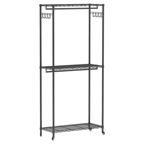 Trintion Multifunktionale Kleiderstange - Mit 3 Etagenregalen, Seitenhaken und sperrbaren Rollen, robust und langlebig, einfach zu montieren, geeignet für Schlafzimmer, Wohnzimmer und mehr (90cm)