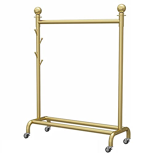 Strapazierfähige Kleiderstange, Präsentationsständer für den Einzelhandel mit 4 Haken und unterem Gestell, Garderobenständer mit Rollen im Schlafzimmer, Wäscheständer aus Metall, Golden, 150 × 165 cm