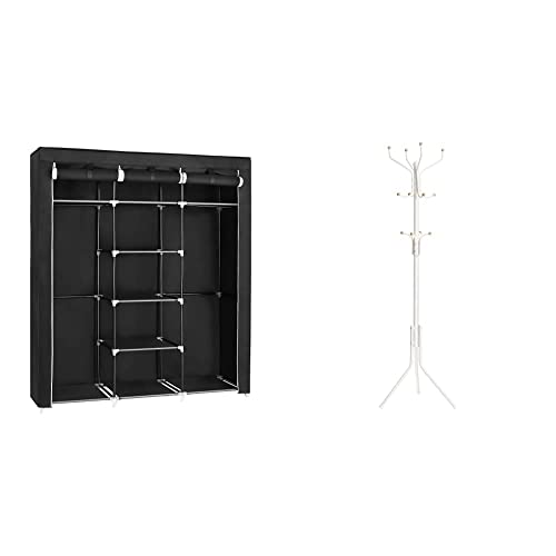 SONGMICS Kleiderschrank, Faltschrank, Faltbare Garderobe mit 2 Kleiderstange, 175x150x45 cm, schwarz RYG12B & Garderobenständer, Stabiler Metall Kleiderständer, Garderobe höhe ca. 182 cm, weiß RCR19W