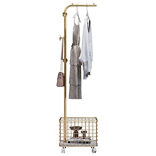 Rollbarer Kleiderständer Gold Garment Rack Auf Rädern, 3 Haken und Organisieren Aufbewahrung Körbe, Schlafzimmer Balkon Ständer, 45x32x170 cm