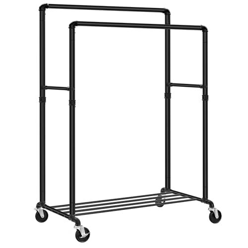SONGMICS Kleiderständer, Kleiderstange, Garderobenständer mit 2 Kleiderstangen und Ablage, Rollen, bis 110 kg belastbar, Industrie-Design, für Schlafzimmer, Ankleidezimmer, schwarz HSR60B