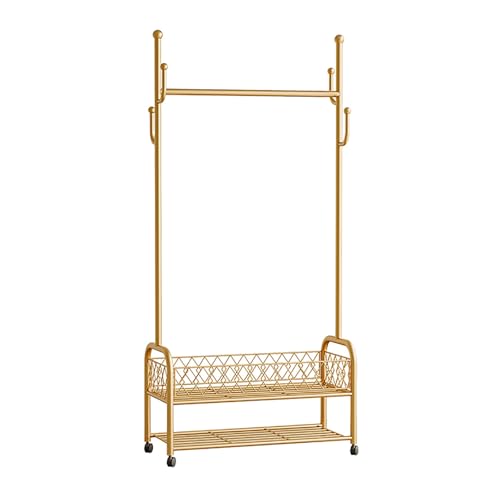 Rollbarer Kleiderständer mit Schuhregal, robuster Kleiderbügel, tragbarer Kleider-Organizer auf Rädern, goldfarben, 170 x 60 x 35 cm, perfekt für Zuhause und Schrankaufbewahrung