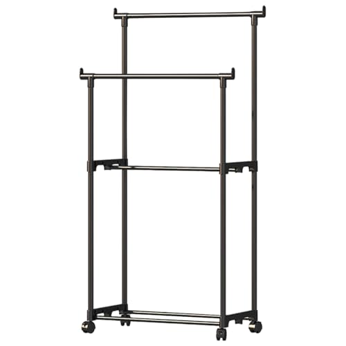 Garderobenständer mit Rollen – Kleiderschrank- und Aufbewahrungsorganisatoren, multifunktionaler Kleiderschrank | Platzsparend für Schlafzimmer, Waschküche, Doppel-Kleiderbügel. Metall-Kleiderbügel