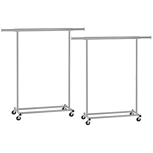 SONGMICS Schwerlast-Kleiderständer, 2er Set, Kleiderstange auf Rollen, bis 90 kg belastbar, mit ausziehbarer Garderobenständer, zusammenklappbares Unterteil, Ablage für Boxen, silbern HSR013S02