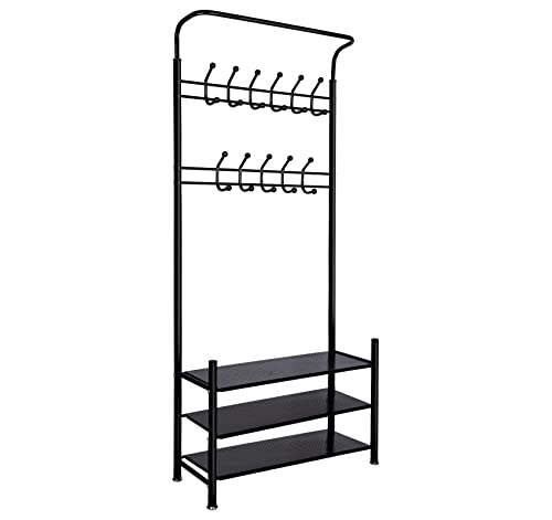 HENGSONG Garderobenständer,Kleiderständer Schwarz,Garderobe,mit Shoe Rack,11 Haken,Gaderobenständer&,Schuhschrank,3 Ablagen Schuhregal Metall,Höhe ca.190cm