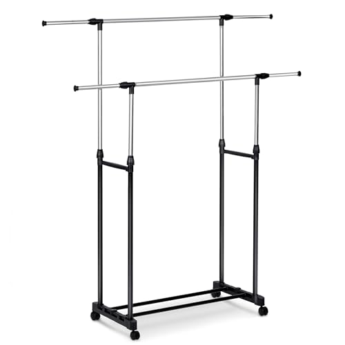Massido Kleiderständer auf Rollen Garderobenständer aus Metall Schuhablage 2 Stangen Höhenverstellbar Breitenverstellbar Schwarz Silber