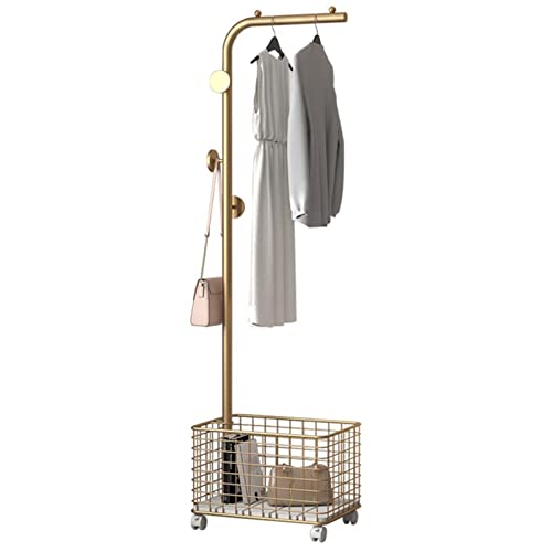 LWBLJX Metall Kleiderständer Auf Rädern, Rollendes Kleiderregal mit 3 Seitlichen Haken und Durchbrochenen Körben, Gold Freistehende Hängegarderobe, 42x31x172 cm