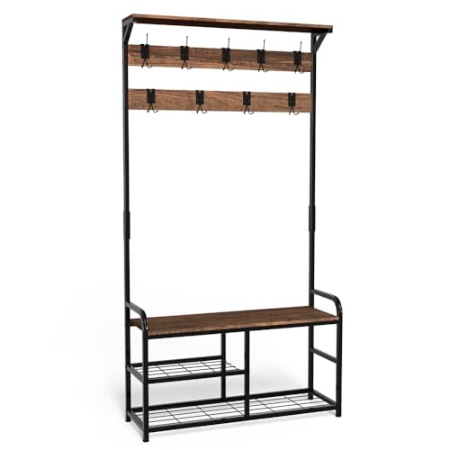 VOUNOT Garderobenständer, Kleiderständer mit Schuhregal u. Sitzfläche, Garderobe für Flur, 3 Ebenen mit 9 abnehmbaren Haken, Anti-Kipp-System 185x85x33 cm