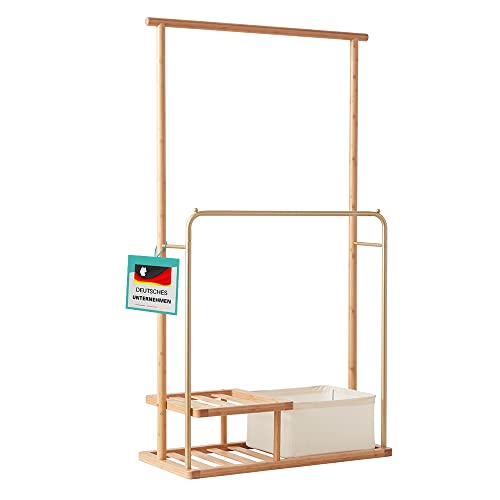 CENZEN Premium Qualität Kleiderständer, Kleiderstange, Garderobenständer mit Ablage aus Bambus und Gold farbige Metall Stabil Jackenständer Kleideraufbewahrung clothes coat rack auch für Kinder