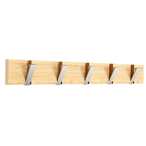 Anjuer Garderobenständer, Wandgarderobe, 5 Haken, einziehbar, robust, Huthalter, Bambusbrett, Haken aus Silber