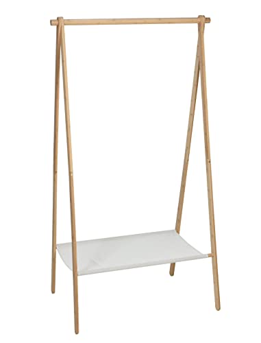 Spetebo Bambus Kleiderständer mit Stoffablage - 155 x 86 cm - Holz Standgarderobe mit Kleiderstange - Kleider Ständer Stand Garderobe Bambusholz klappbar