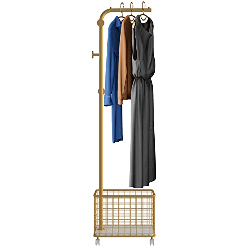 LWBLJX Metall Kleiderständer Rollendes Kleiderregal mit 3 Seitlichen Haken und Ablagekörben, Schlafzimmer-Balkon Garderobe, 45x32x175 cm(Color:Gold)