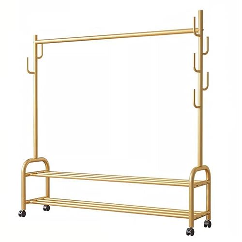 Tragbarer Kleiderständer mit Rädern, Rollbarer Kleiderständer mit 7 Haken und 2 Ablagen, Mobiler Schrank zum Aufhängen von Kleidung – Gold-Finish, Kompakte 24 -Größe