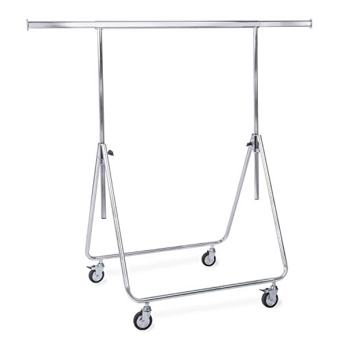 Profi-Reiserollständer zusammenfaltbar | Kleiderständer B82-140 x T63 x H154 cm | Garderobenständer verchromt, Tragfähigkeit 25 kg |Klappbarer Kleider-Transportständer mit 80 mm Gummirollen