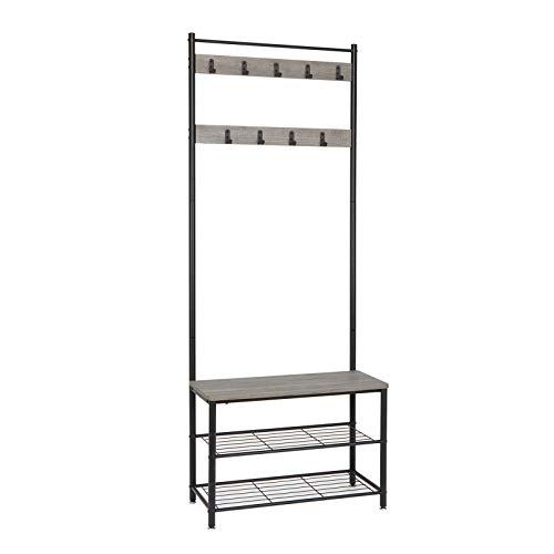 Meerveil Garderobenständer, Schuhregal mit Garderobe, 3 Ablagen und 9 Abnehmbaren Hake, Industrie Design, aus Metall und Holz,70 x 32 x 175 cm, für Flur, Grau