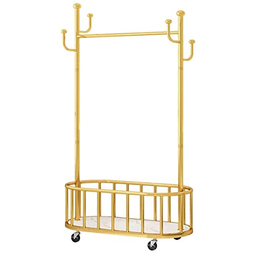 Rollbare Kleiderständer, Goldener Kleiderstangen-Organizer mit 4 Haken, Metallkorb und Bremsrädern, Garderobe für Zuhause, Schlafzimmer, Balkon (Größe: 100 x 30 x 174 cm)