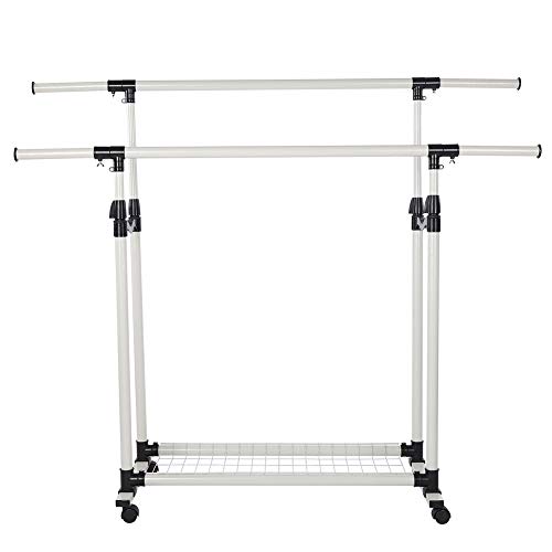 Garderobenständer, verstellbar, faltbar, rollbar, Doppelschienen, Kleiderständer, Kleiderständer, Kleiderbügel, Trockner, Weiß