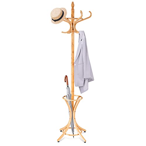 RELAX4LIFE Garderobenständer Holz, Garderobe Aufhänger inkl. 12 Kleiderhaken, Kleiderständer mit Schirmständer, Stabiler Jackenständer, bis 10 kg belastbar, für Mäntel & Hüte & Hosen, 184 cm (Natur)