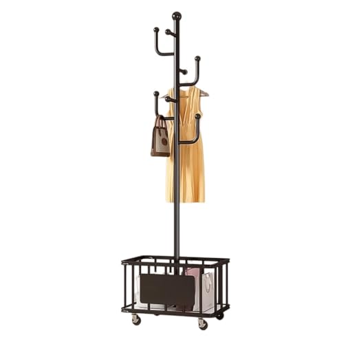Robuster rollbarer Kleiderständer mit Rollen, tragbarer Kleiderbügel, verstellbare Garderobe mit Bodenablage, Seitenhaken, Kleidernizer (schwarz)