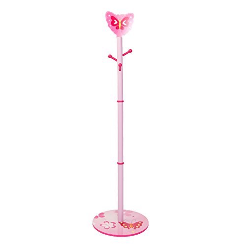 Homestyle4u 1127 Kindergarderobe Schmetterling Blumen , Kinder Kleiderständer mit 4 Haken 140 cm Höhe , Holz Pink Rosa