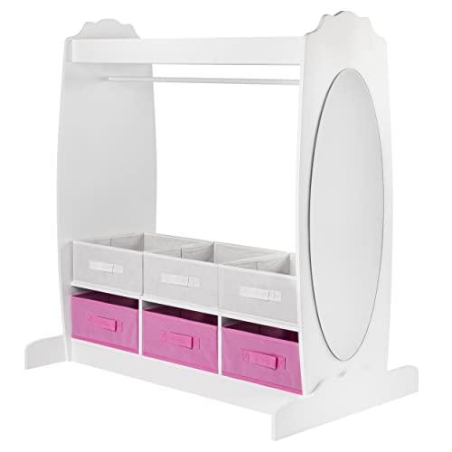ONVAYA® Kindergarderobe aus Holz | Weiß und Rosa | Garderobe fürs Kinderzimmer | Kleiderstange für Kinder | Kleiderständer mit Ablage | Garderobenständer mit Spiegel | 107x95x61 cm