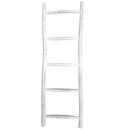 LioLiving Dekoleiter Holzleiter weiß - hochwertig - Handtuchhalter Teakholz Dekoleiter Kleiderständer - 150cm - Teak - Farbe: White Washed - Handtuchleiter für Bad, Schlafzimmer und Garderobe