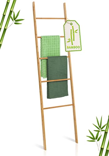 Housekeeps Handtuchleiter ohne Bohren, nachhaltiger Bambus Handtuchhalter freistehend, 5 Massive Sprossen, stabile Deko Leiter für Handtücher oder als Kleiderleiter mit Kratzschutz, 57 x 172 x 4 cm