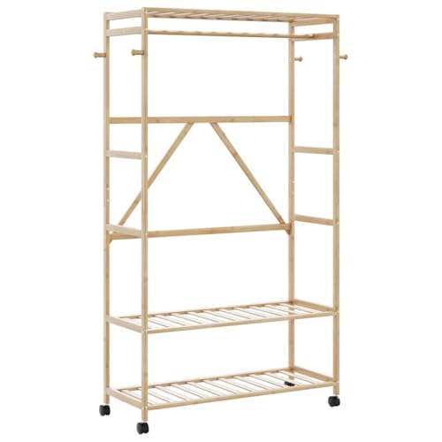 vidaXL Kleiderständer mit Ablagen und Rollen 110x40x180 cm Bambus, Garderobenständer mit Ablage, Kleiderständer mit Rollen, Bambus-Kleiderständer