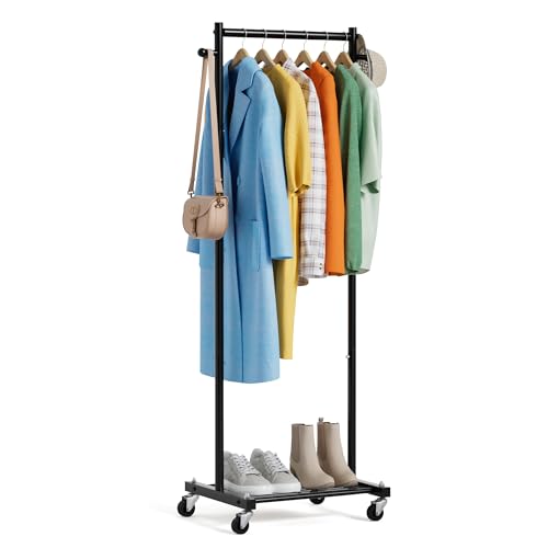 MISSLO Kleine Kleiderständer zum Aufhängen von Kleiderständer mit Rollen, 152,4 cm, Metall-Kleiderständer mit Regalen, tragbarer Rollgarderobenständer für kleinen Raum, Schwarz