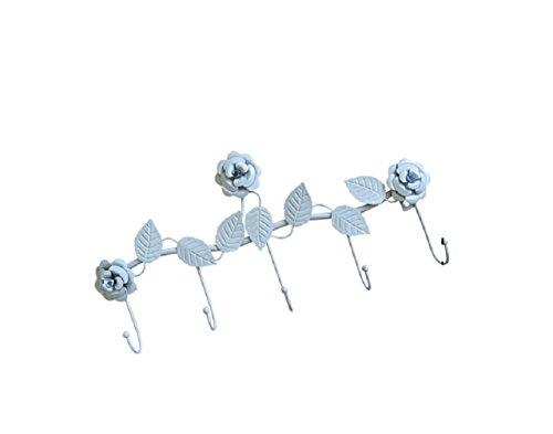 TentHome Hakenleiste Vintage Wandgarderobe Antik Garderobenleiste Landhausstil Garderobenhalter Metall Kleiderhaken Blumen Blatt (Weiß)