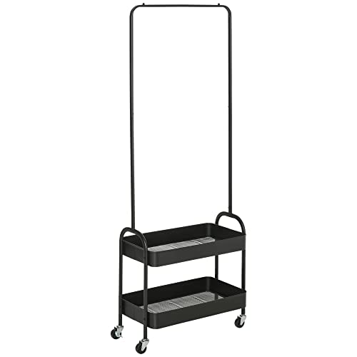 HOMCOM Kleiderständer auf Rollen, Garderobenständer mit Kleiderstange, Schuhablage, freistehende Garderobe aus Stahl, für Wohnzimmer, Schlafzimmer, bis 16 kg belastbar, Schwarz