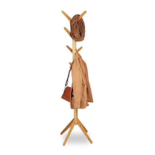 Relaxdays Garderobenständer Bambus, Kleiderständer mit 8 Haken, modernes Tree Design, HxBxT: 179 x 40,5 x 40,5 cm, natur