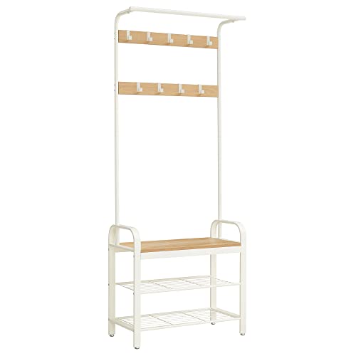 VASAGLE Garderobenständer, Garderobe, mit Schuhbank, 4-in-1 Design, 9 abnehmbare Haken, Kleiderstange, Eingangsbereich, Flur, 33,7 x 72 x 183 cm, modern, eichenfarben-weiß HSR40W