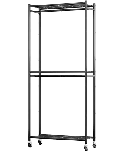 Sakugi Kleiderständer auf Rollen – Kleiderständer mit Ablagen & Haken, Multifunktionale Kleiderstange aus Metall für Schlafzimmer, Wäscheraum, Balkon, 84 x 31 x 201 cm, Schwarz