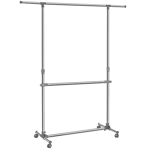 SONGMICS Kleiderständer höhenverstellbar, Garderobenständer, ausziehbare Kleiderstange, zusätzliche Stange im mittleren Bereich, (101 166) x 49 x (113 198) cm, Silber graugrün, LLR401