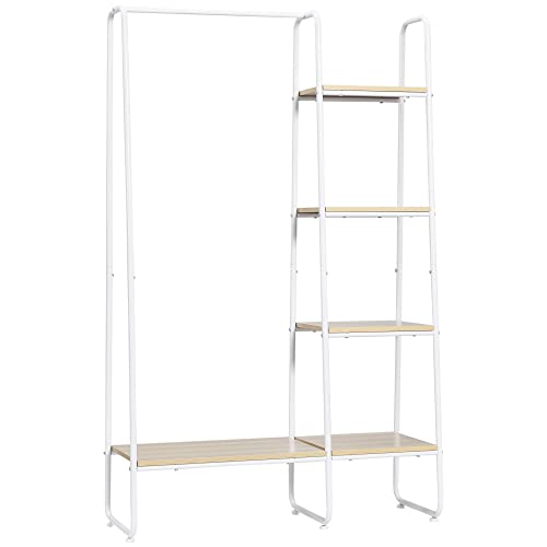 HOMCOM Gadrerobenständer, Kleiderständer mit 1 Kleiderstange, 5 Ablagen Standgarderobe für Schlafzimmer, Flur, Eingangsbereich, Natur+Weiß, 101 x 39 x 160 cm