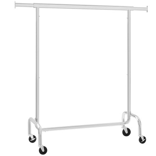 SONGMICS Kleiderständer auf Rollen, Garderobenständer, hochbelastbar, ausziehbare Kleiderstange, bis 130 kg belastbar, zum Aufhängen von Kleidung, aus Metall, verchromt, silbern HSR11S