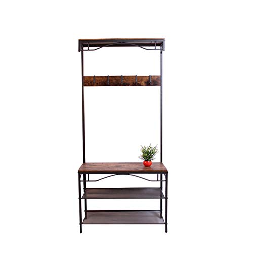 JIAO PAI Antike Kleiderständer, Eingang Kreativität Holz Schmiedeeisen Garderobe Schuh ändern Schemel mit Doppelschuhregal (Size : 80 x 32 x 178.5CM)