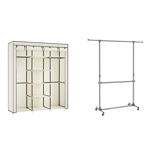 SONGMICS Kleiderschrank, Faltschrank, Stoffschrank, 175 x 150 x 45 cm, Beige RYG12M & Kleiderständer höhenverstellbar, Garderobenständer, (101-166) x 49 x (113-198) cm, Silber-graugrün