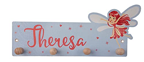 Personalisierte Kindergarderobe 'Zauberfee' aus Birkenholz mit Wunschnamen, Garderobe für Kinder mit Namen, Motiv Zauberfee, Fee, Elfe, Maße ca. 35 x 15 cm